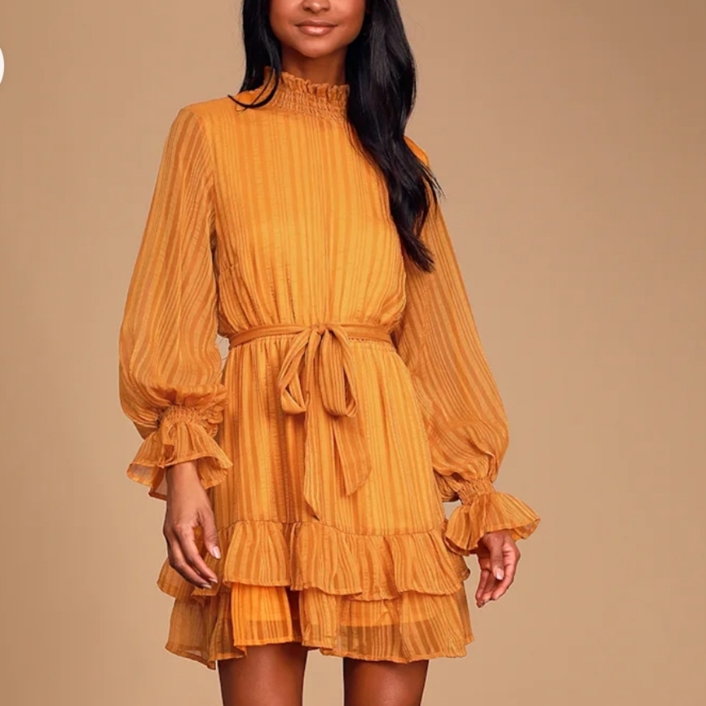 Lulus Sweetest Memories Marigold Yellow Ruffled Long Sleeve Dress Size L